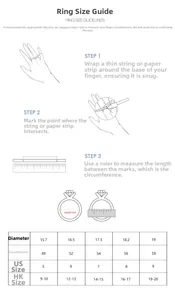 Sizing chart and guide for sterling silver rings showing measurements and conversions