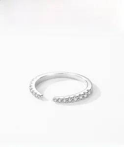 Close-up of S925 sterling silver open ring featuring a delicate pave zircon setting