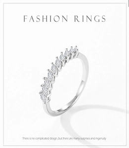 Detail of S925 silver ring featuring marquise-cut cubic zirconia row on a band