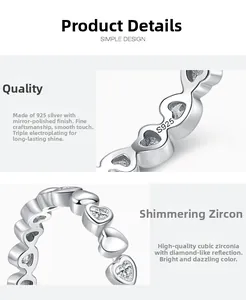 Détails de la bague en argent S925 avec maillons cœur et oxydes de zirconium scintillants