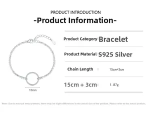Detail showing S925 sterling silver circle bracelet dimensions 15cm plus 3cm extension