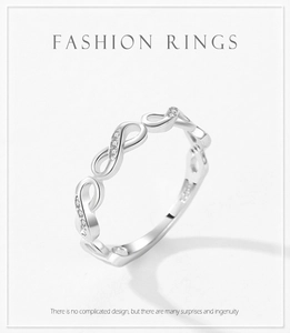 Detailed close-up of S925 sterling silver infinity ring with micro-pave cubic zirconia