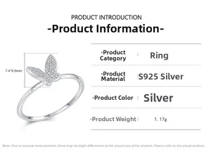 Detail showing S925 sterling silver butterfly ring specs with cubic zirconia inlay