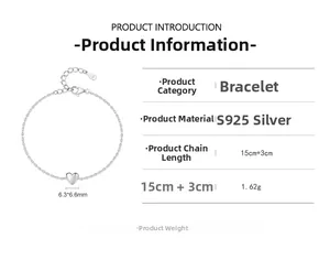 Détails du bracelet cœur en argent massif S925 avec dimensions et informations de poids
