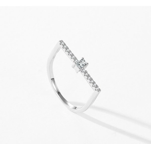 Close-up of S925 sterling silver U-shaped ring with a square-cut zircon and pavé crystals