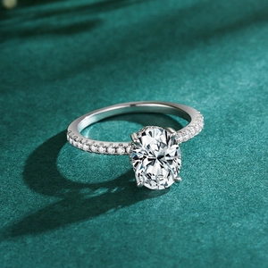 Luxurious S925 sterling silver oval-cut solitaire ring with micro-pave diamond band