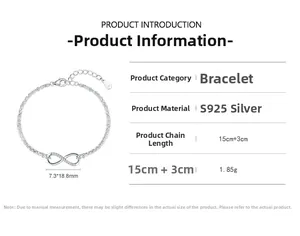 Detailed specs of S925 sterling silver infinity bracelet with 15+3cm adjustable chain