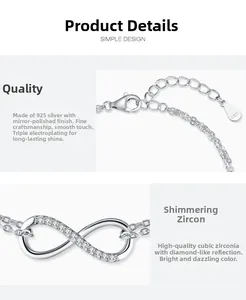 Detail of S925 sterling silver infinity bracelet with zirconia pavé and lobster clasp