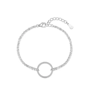 925 Sterling Silver Double Layer Chain Bracelet For Women Minimalist Adjustable Circular Zirconia Micro Inlaid Jewelry Gift