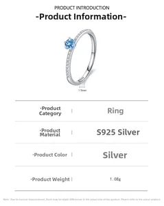 Detail of 1.5mm S925 silver ring featuring blue zircon stone and weight parameters