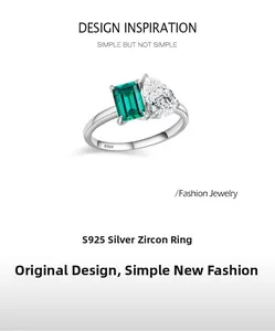 Détail de bague en argent S925 avec zircon vert émeraude et zircon incolore poire