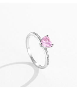 Macro de bague cœur en argent S925 avec zircon rose et cristaux micro-pave étincelants