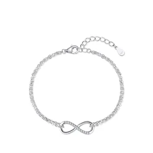 Sterling Silver Infinity Bracelet For Women Pave Rhinestone Double Chain Adjustable Fashion Light Luxury Jewelry Gift
