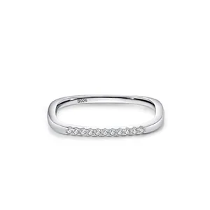925 Sterling Silver Square Ring For Women Minimalist Geometric Micro Inlaid Zirconia Stackable Thin Finger Band Jewelry