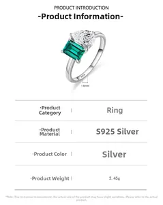 Détail d'une bague en argent S925 avec zircon vert émeraude et pierre transparente en poire