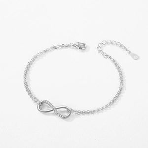 S925 sterling silver infinity bracelet with pavé cubic zirconia and double chain design