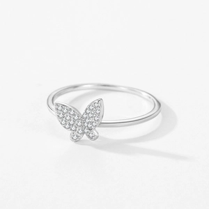 S925 sterling silver butterfly ring with micro-pave crystals and a thin silver band