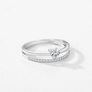 Elegant S925 sterling silver heart-shaped zircon ring with pavé stones on white background