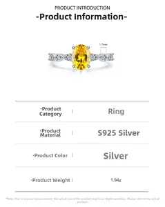 Macro view of 1.7mm S925 silver ring band with yellow oval zircon and diamond accents