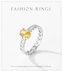 Macro detail of S925 silver ring featuring yellow gemstone and textured chain band