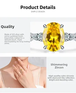 Macro shot of oval yellow zircon ring with pear-cut side stones on 925 silver