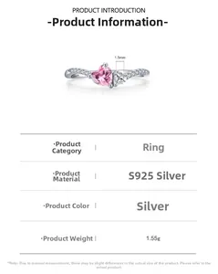Macro shot of S925 sterling silver ring featuring a pink heart-shaped zircon stone