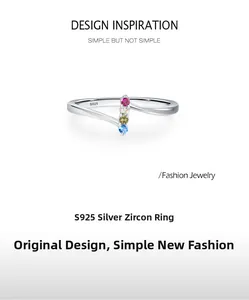 Close-up of S925 silver ring with four colorful vertically set round zircon stones