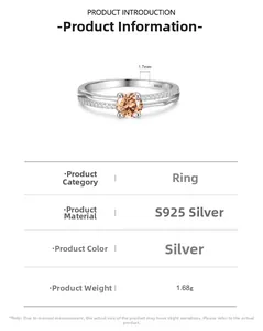 Vue détaillée d'une bague en argent S925 avec zircon champagne et dimensions affichées