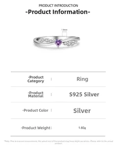 Detailed specs of S925 silver ring featuring purple heart zircon and 1.8mm band width