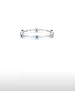 Close-up of S925 sterling silver ring featuring colorful round-cut zircon stones