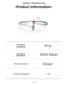 Macro detail of S925 silver ring with colorful rainbow cubic zirconia and size specs