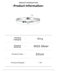 Macro detail of S925 silver ring with five colored zircons and size measurements