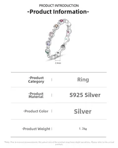 Detailed specs of S925 sterling silver rainbow ring with 2.4mm width and 1.26g weight