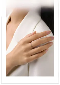 Detail of s925 silver ring with zircon stones worn by a model in elegant attire