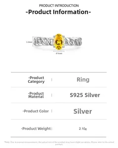 Detail view of S925 silver twist ring with a 6x4mm yellow oval-cut gemstone inlay