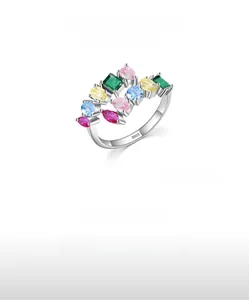 Detailed view of S925 sterling silver ring with colorful pear and square zircon stones