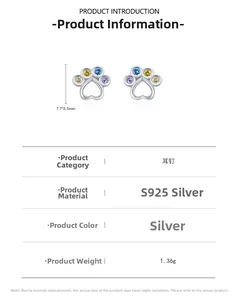 Macro view of S925 silver cat paw earrings with colorful zircon and size measurements