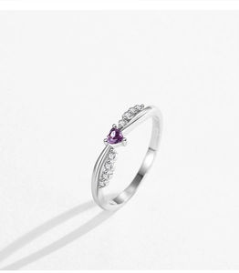 Detailed macro view of S925 silver ring featuring heart purple zircon and white stones
