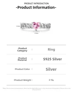 Vue détaillée de la bague en argent cœur rose avec dimensions 5,5mm sur 3,3mm