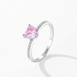Bague scintillante en argent S925 avec pierre de zircon rose en forme de cœur