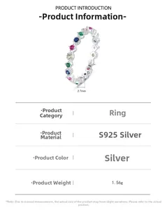 Detail view of S925 silver rainbow zircon ring with 2.7mm width and 1.56g weight specifications