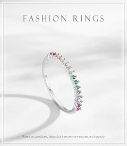 Macro detail of S925 silver ring featuring a row of vibrant rainbow zircon stones