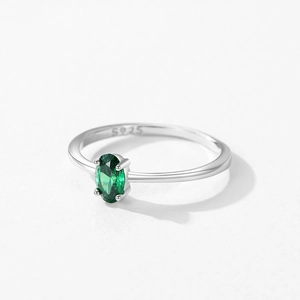 S925 sterling silver ring with oval green zircon in a classic four-prong setting