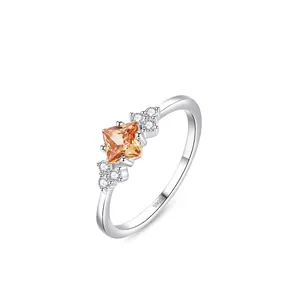 925 Sterling Silver Champagne Zirconia Square Ring For Women Elegant Geometric Micro Inlaid Sparkly Fine Jewelry Finger Ring