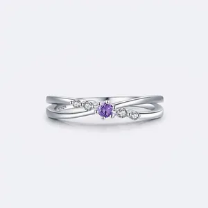 Bague en Argent Sterling 925 avec Zirconia Violet pour Femme Design Croisé Exquis Bague Empilable Bijoux Minimalistes Cadeau