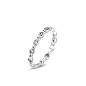 925 Sterling Silver Rainbow Zirconia Ring For Women Colorful Inlaid Wavy Design Fine Jewelry Adjustable Fashion Finger Ring Gift