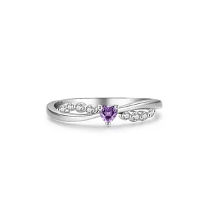 925 Sterling Silver Purple Heart Zirconia Ring Romantic Cross Over Band Heart Shape Inlaid Zircon Ring Jewelry For Women