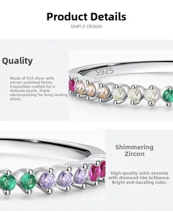 Detailed macro view of S925 sterling silver ring with colorful round cubic zirconia stones