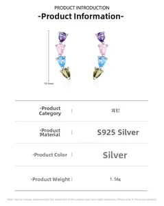 Macro detail of S925 silver rainbow teardrop zircon earrings with size 18x4mm specs
