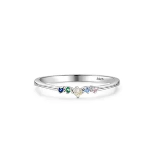 925 Sterling Silver Rainbow Zirconia Ring For Women Minimalist Dainty Thin Colorful Gemstone Band Finger Ring Valentine's Day Gift